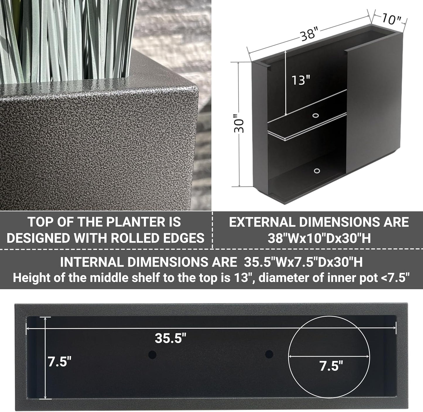 Metallic Heavy Planter for Outdoor Plants, 38Lx10Wx30H Inches Tall and Long Metal Divider Planter Box for Outside & Indoor, No Assembly Required (Gray)