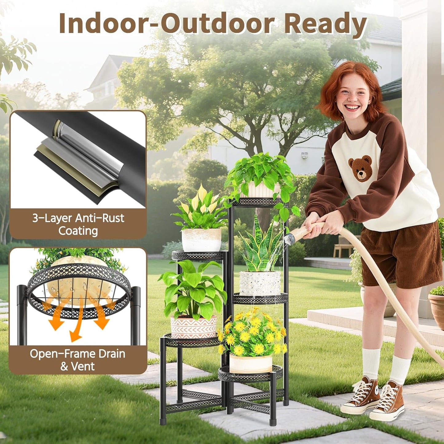 LASZOLA 5 Tiered Folding Tall Plant Stand Indoor Outdoor for Large Planter, Heavy Duty Metal Adjustable Multiple Flower Rack for Corner, Wrought Iron High Spiral Holder for Modern House Patio, Black