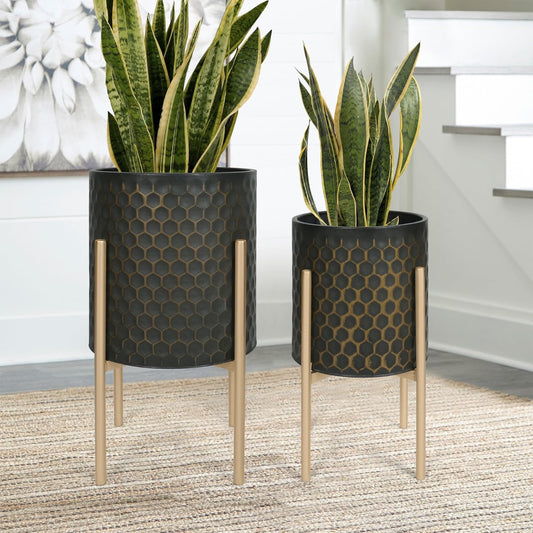 Oakrain Mid Century Planters for Indoor Plants, Set of 2, Modern Decorative Metal Pots for Living Room, Office, Garden or Balcony, Black&Golden Honeycomb, 10inch&12inch