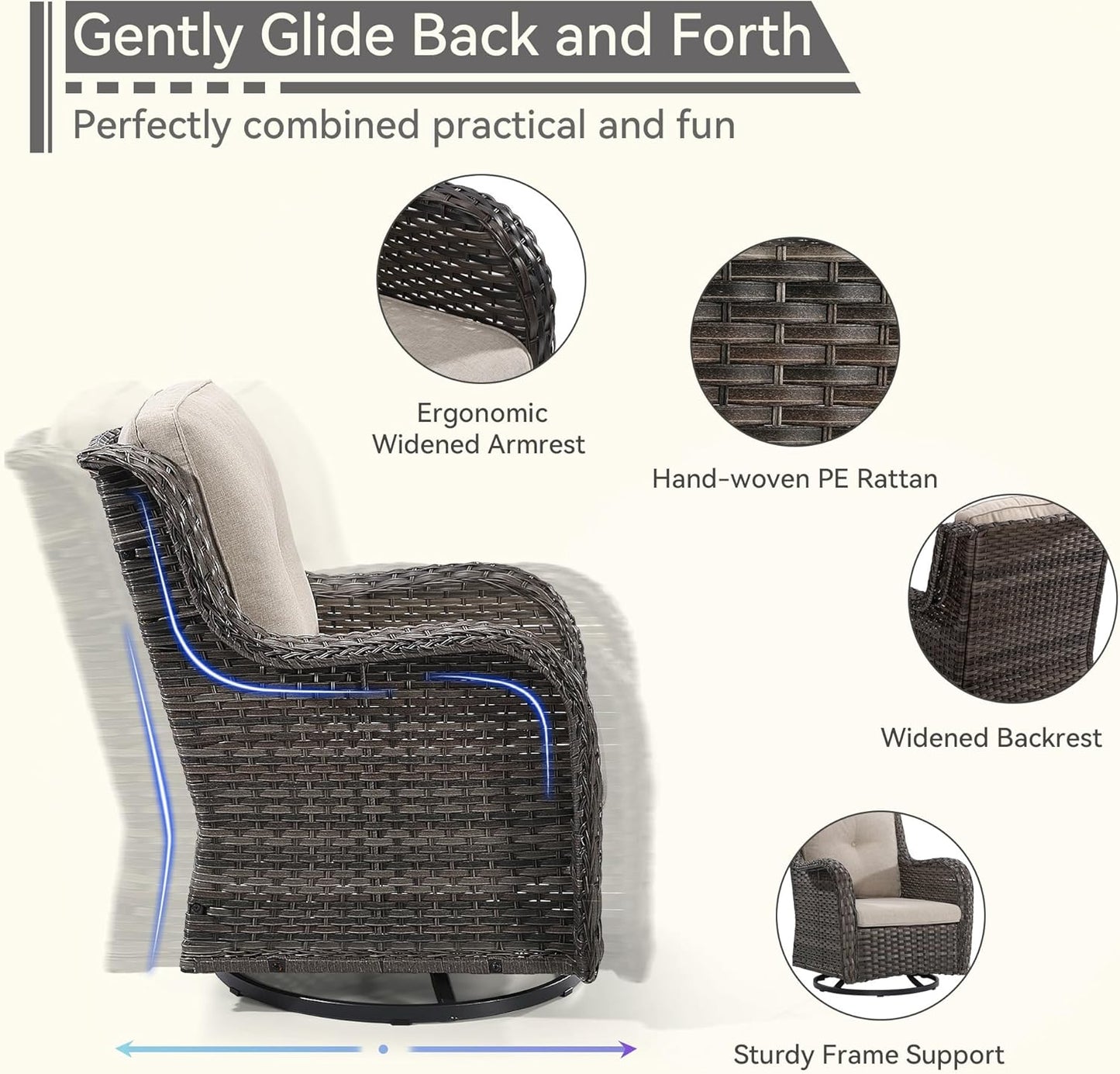 3 Pieces Outdoor Furniture Set - Patio Wicker Swivel Rocker Chair Set of 2 and 1 Side Table, Beige, Mixed Brown Rattan, Suitable for Porch, Yard