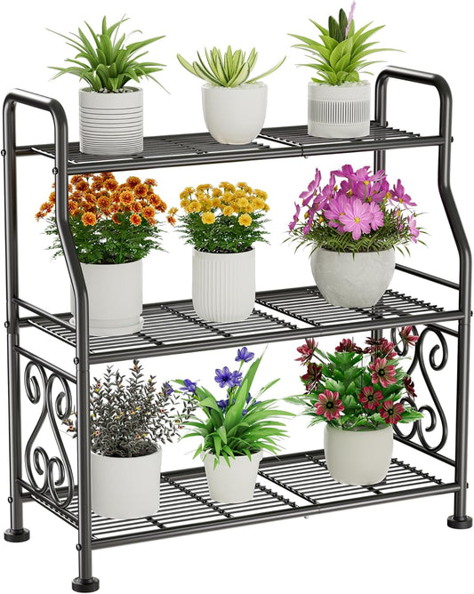 GIOTORENT Plant Stand Outdoor Indoor 3 Tier Metal Waterproof - 29.1" Plant Shelf for Patio, Balcony, Living Room, Large Capacity Tiered Plant Rack, Black