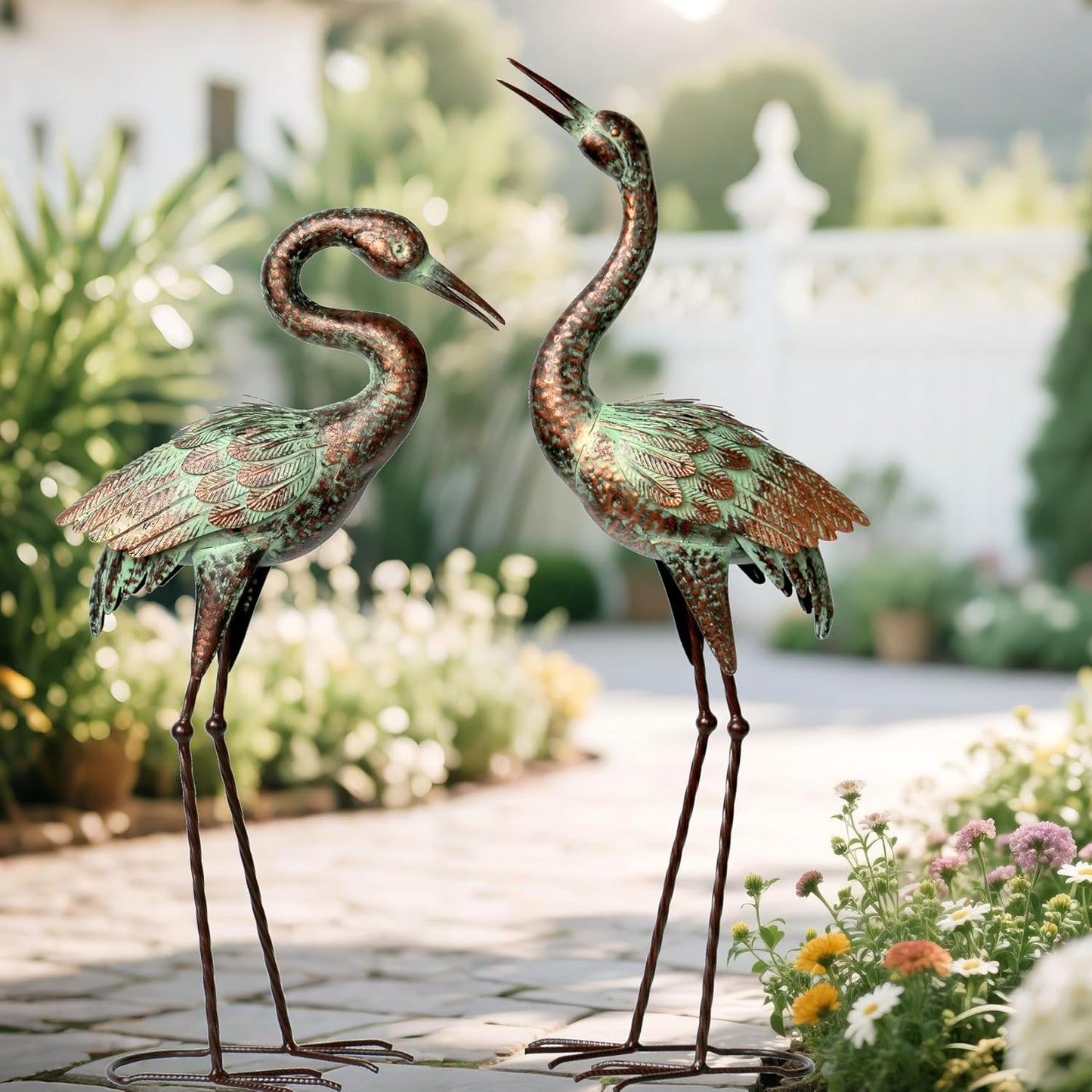 Shorayn Garden Crane Statues, Blue Heron Sculptures for Outdoor, Cranes Decor Metal Bird, Patina Garden Art Lawn Ornaments for Yard Patio Porch Outside Decorations