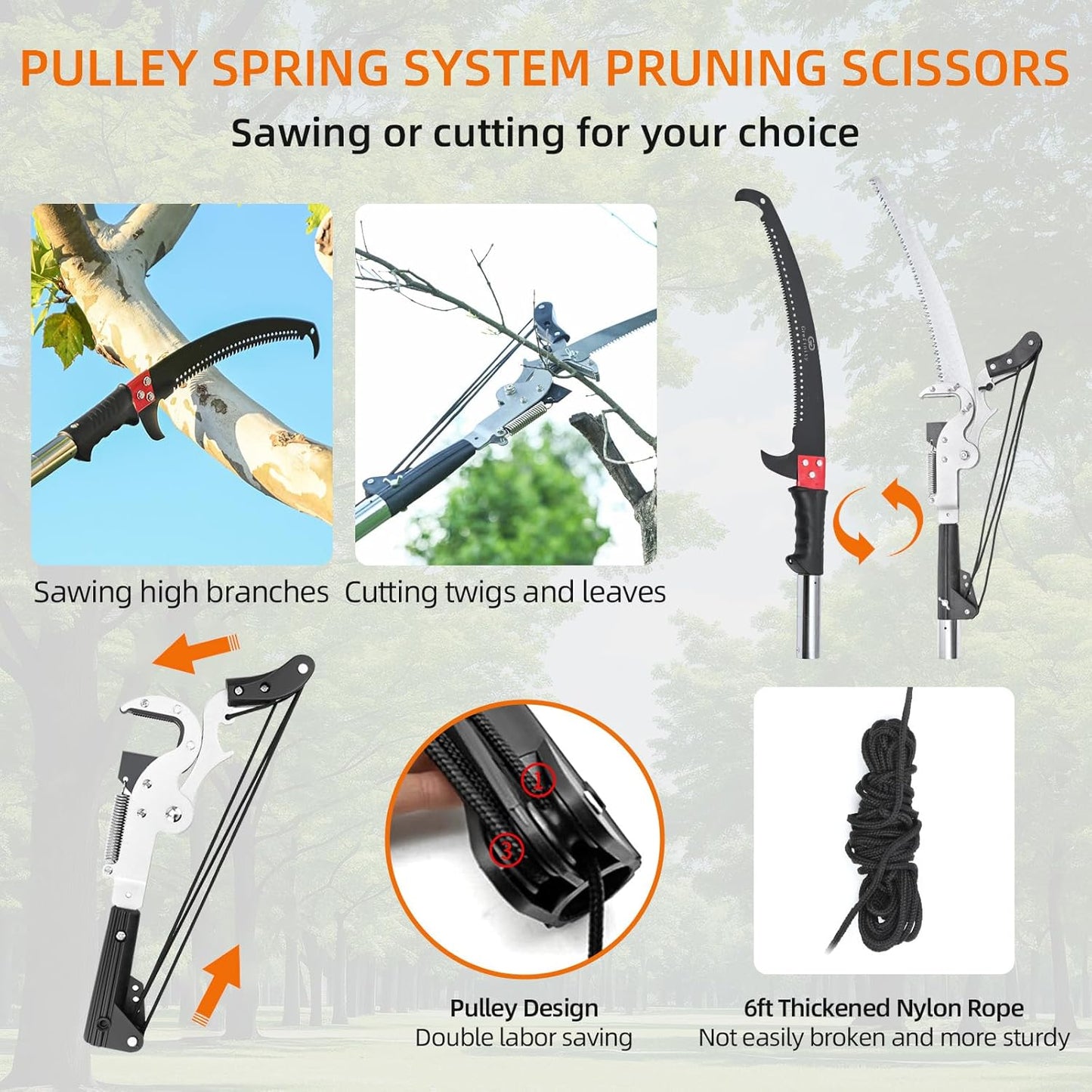 27FT Manual Pole Saw, Tree Branch Trimmer with 8-Section Fiberglass Handle, Sharp Steel Blade and Heavy-Duty Giant Pruning Scissors, Design for High Branch Trimming, Orange