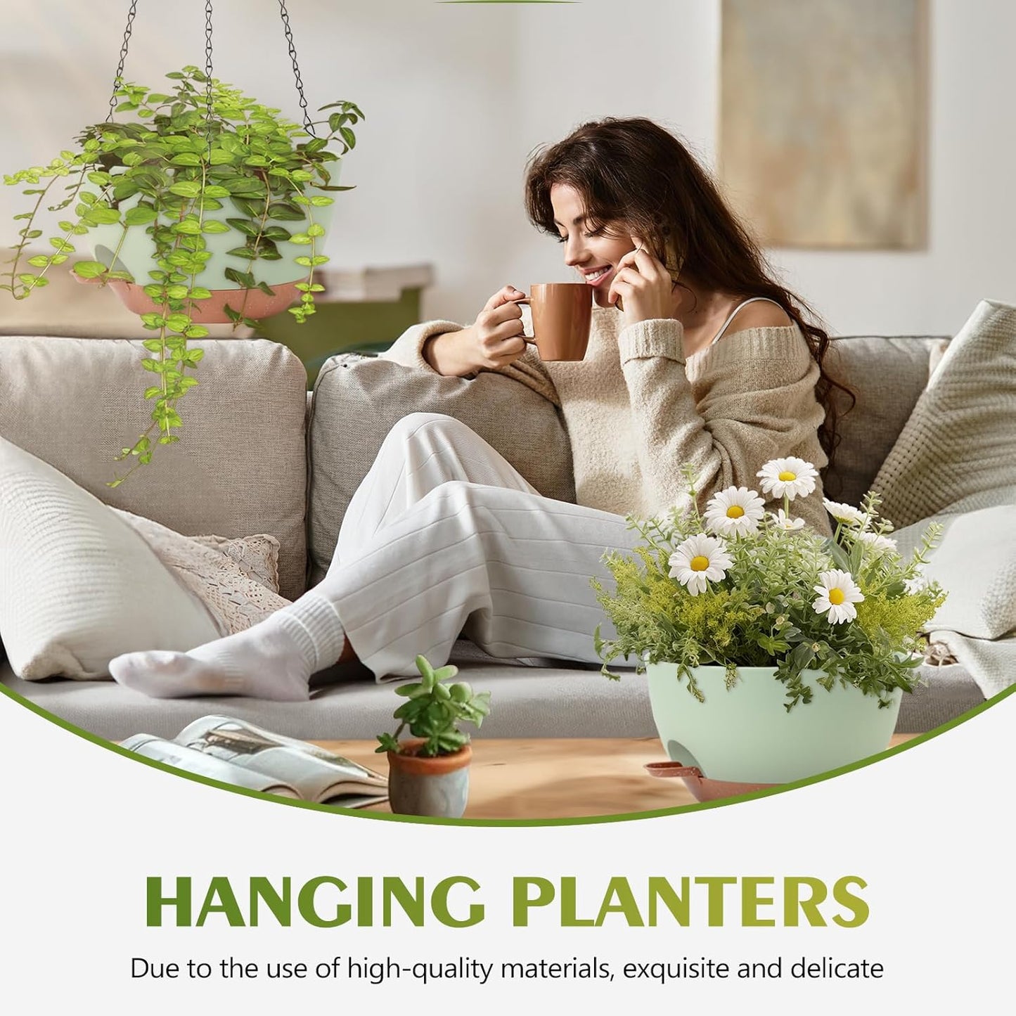 GARDIFE Hanging Planters for Indoor Outdoor Plants, 2 Pack Self Watering Hanging Pot with Drainage Holes & Removable Tray (Green, 12 inch)