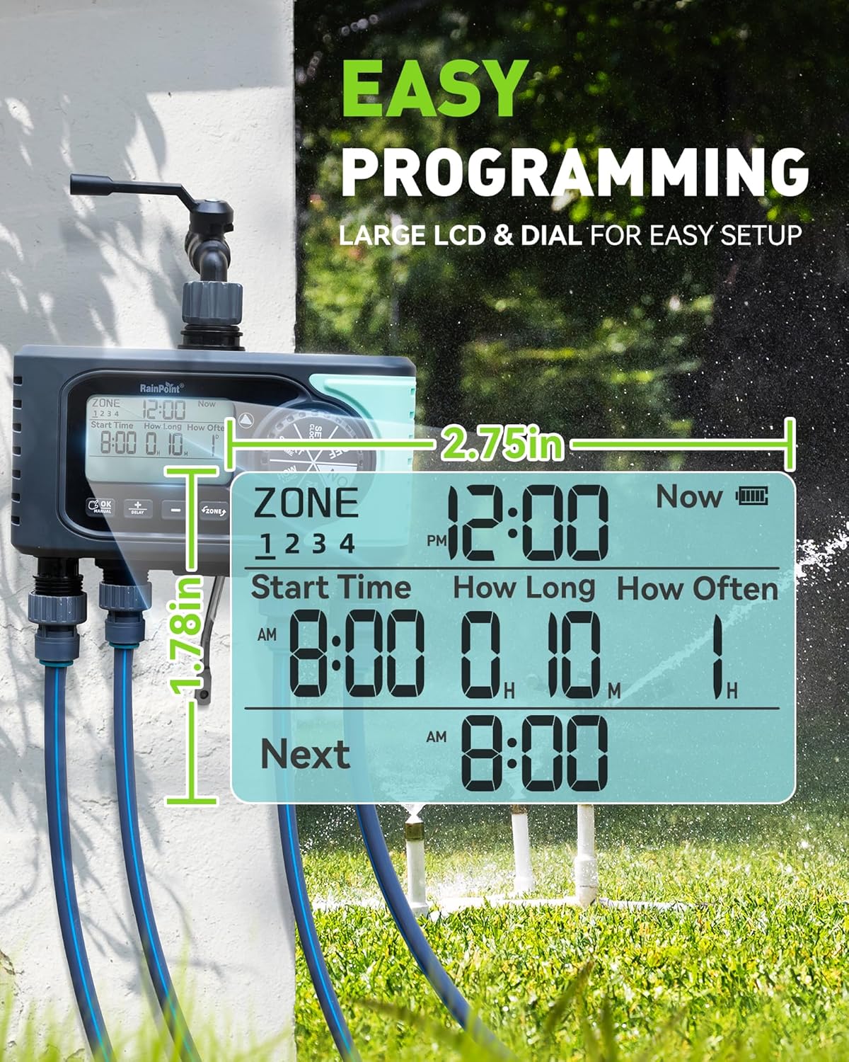 RAINPOINT Sprinkler Timer, 4 Outlets Hose Timers, 4 Zone Water Timer for Watering with Rain Delay/Manual/Automatic Timed Irrigation Controller System for Lawn