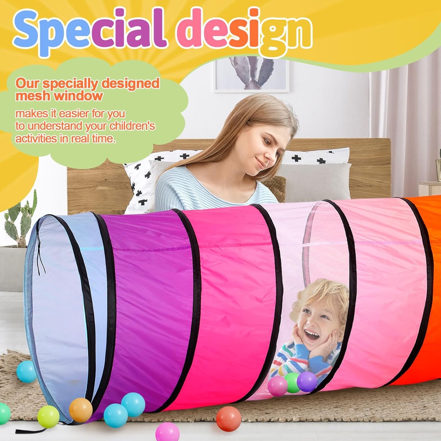 27.6 Inch Large Play Tunnel for Kids Pop Up Play Tunnel Tent Colorful Crawl Tunnel for Toddlers Babies Children or Dogs, Collapsible Gift for Boy Girl Tunnel Toys Indoor Outdoor (2 Pcs)