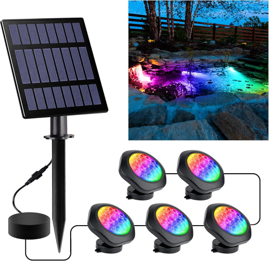 Solar Pond Lights, 18 LED Super Bright RGB LED Underwater Spotlights Color Changing Submersible Pond Light IP68 Waterproof Fountain Lights for Fish Aquarium Tank Garden Yard Pool (5-in-1)