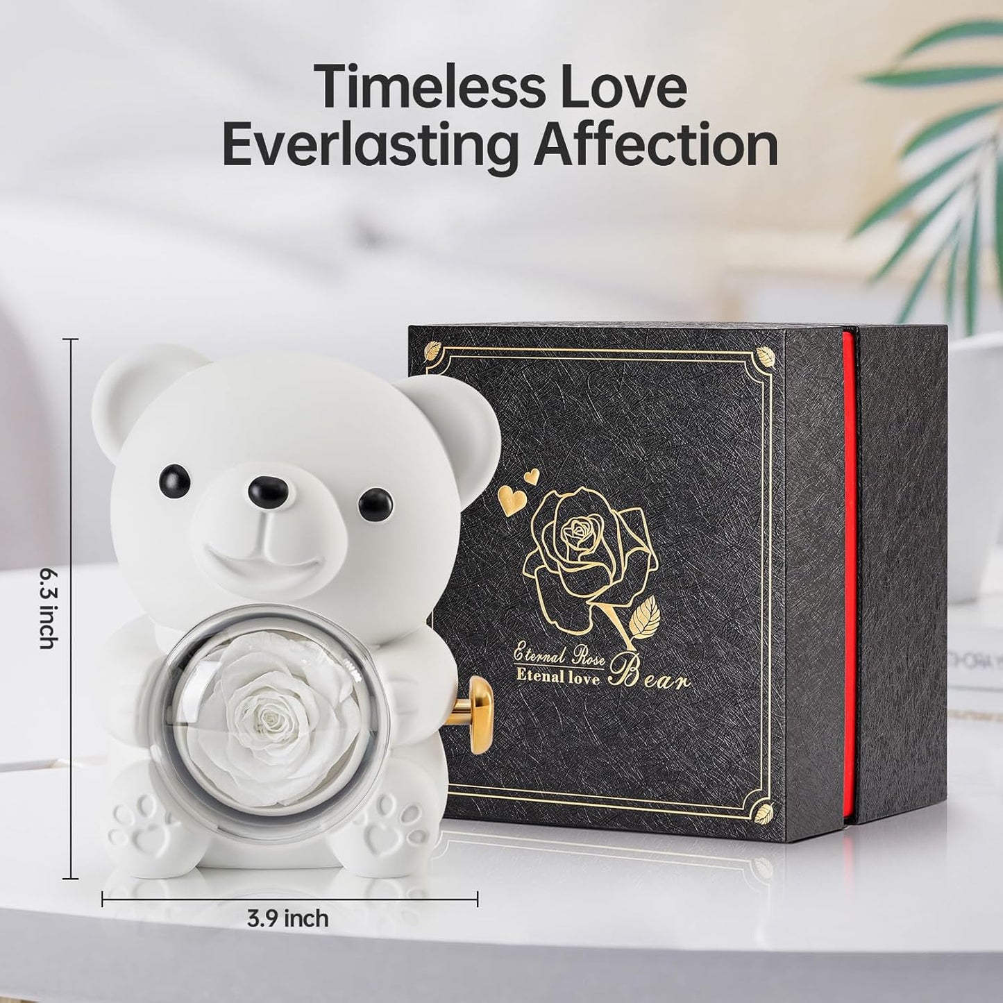 Cute Teddy Bear with Preserved Rose - A Real Rose Flower in Bear with Elegant Gift Box - Romantic Gift for Her in Mother's Day, Weddings, Anniversaries, and Bridal Showers (White)