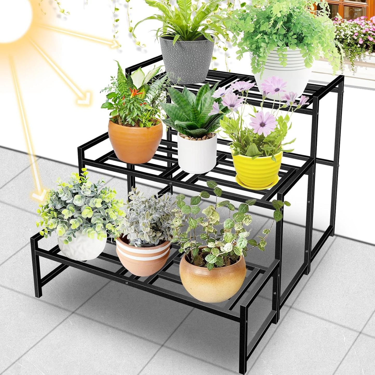 Plant Stand Indoor Outdoor, 3-Tier Wrought Iron Plant Stands, Stackable Metal Plant Shelf Decorative Outdoor Flower Stand Heavy Duty Pedestal Stands for Garden Deck Living Room, Black