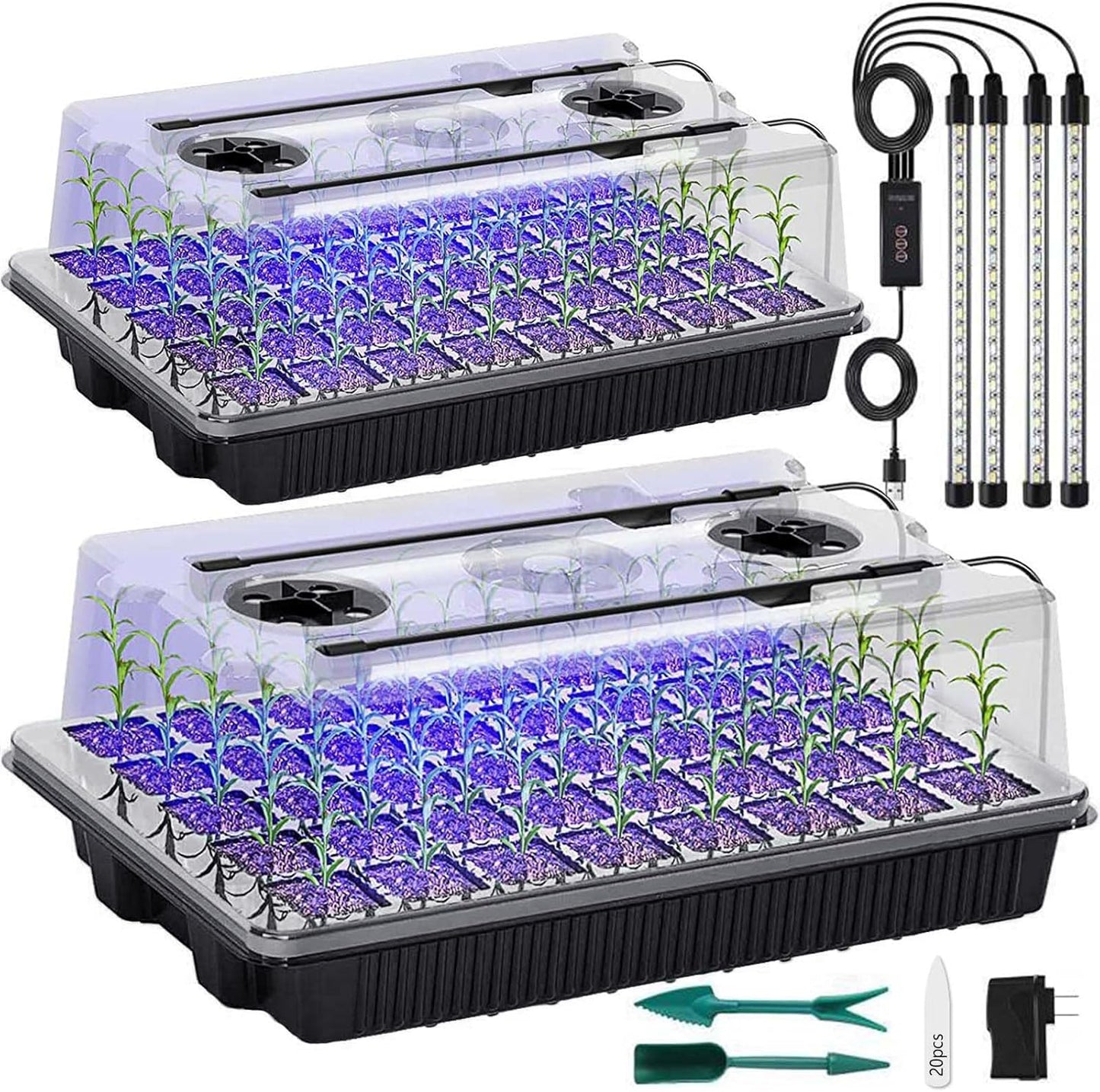 Seed Starter Tray with Grow Light, 2 Packs 80 Cells Seed Starting Kit, Reusable Seedling Starter Trays with Humidity Dome, Plant Germination Trays for Indoor Seed Starter Kit, Black