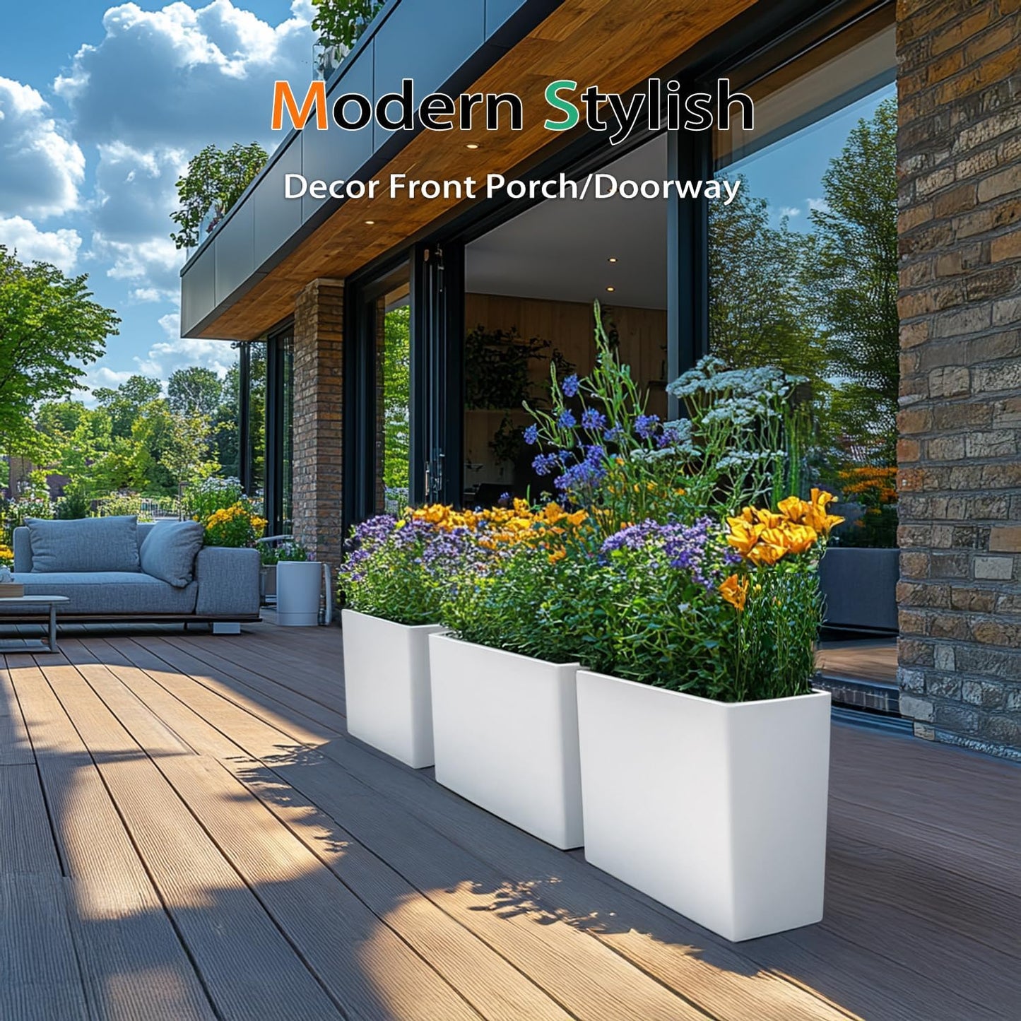 Rectangular Planter Box for Outdoor Plants, Large Tall Resin Flower Pots for Garden, Front Porch, Patio, Indoor (White, 25 x 21 inch)