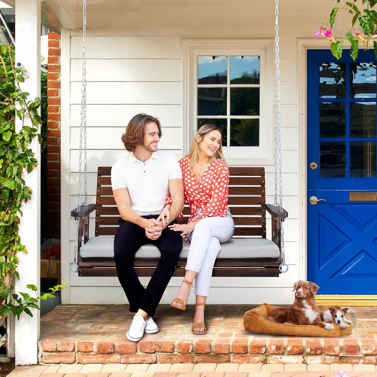 VINGLI Outdoor 4 FT Porch Swing, Heavy Duty 880 LBS Wooden Patio Swings with Cushions, Farmhouse Style Hanging Bench with Adjustable Chains for Yard | Garden | Lawn | Balcony, Rustic