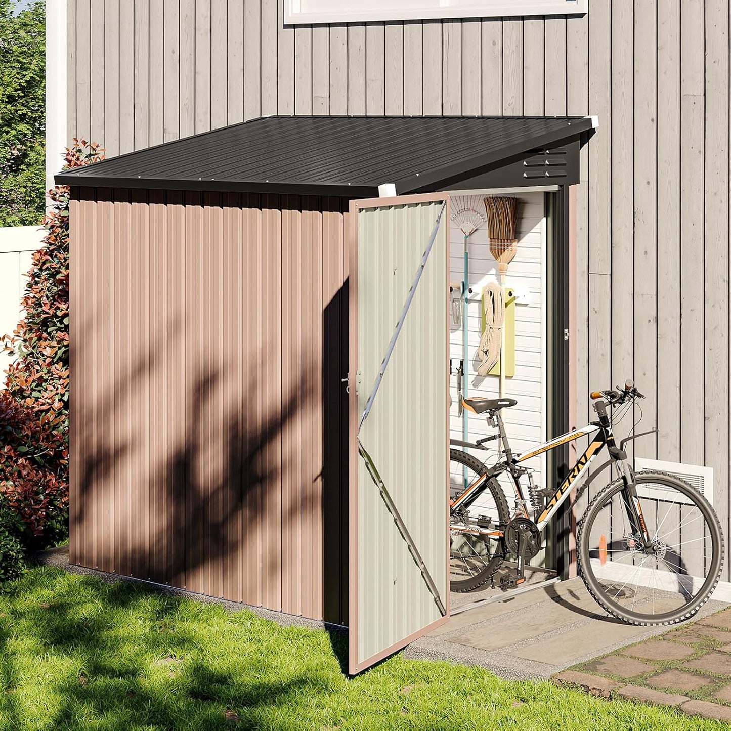 6x4 FT Lean to Shed, Outdoor Metal Storage Shed, Utility Steel Tool Shed with Lockable Door for Bike, Garden, Backyard, Patio, Lawn
