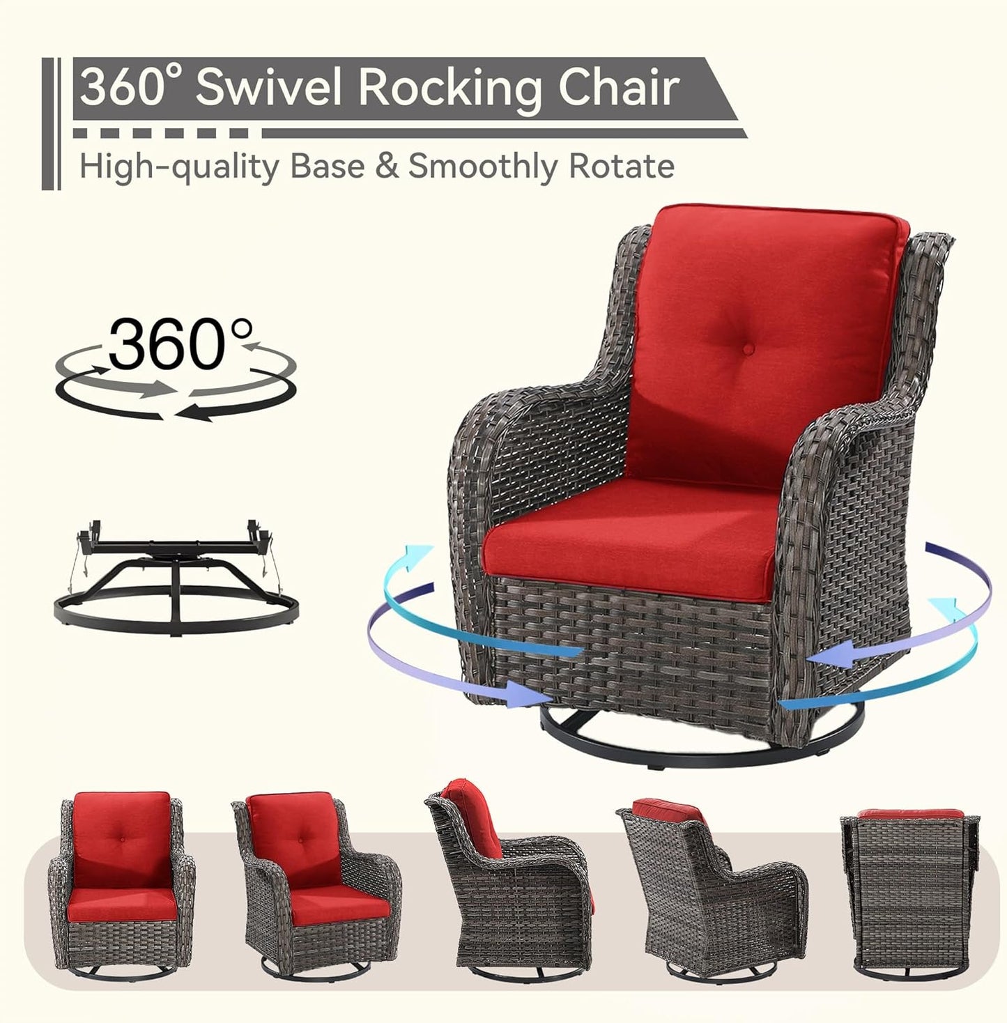 2 Pieces Outdoor Swivel Rocker Patio Chairs Set - Outdoor Wicker Patio Conversation Sets with 1 Side Table, Olefin Fabric Cushions Suitable for Backyard Deck and Porch,Red