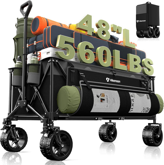 300L Extra Large Wagons Carts Foldable, 560LBS Heavy Duty Collapsible Beach Wagon 48" Long with Big All-Terrain Wheels, Utility Folding Cart for Camping, Grocery, Sports, Garden, Grey & Black