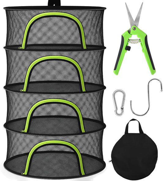 Herb Drying Rack Hanging Mesh 4 Layer 24" with Zipper, Garden Pruning Shear, Hook & Carabiner Clip for Drying Herbs, Plants, Seeds, Buds | Hydroponics & Grow Tents Herb Dryer Hanging Rack