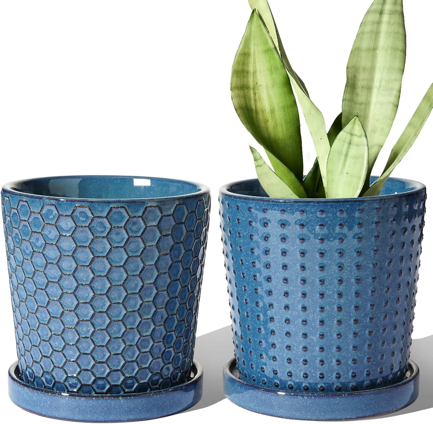 LE TAUCI Ceramic Pots for Plants, 5.5 Inch Plant Pots with Drainage and Saucer, Indoor Plant Pots for Succulents, Snake Plants, Cactus, and More, Set of 2, Reactive Glaze Blue