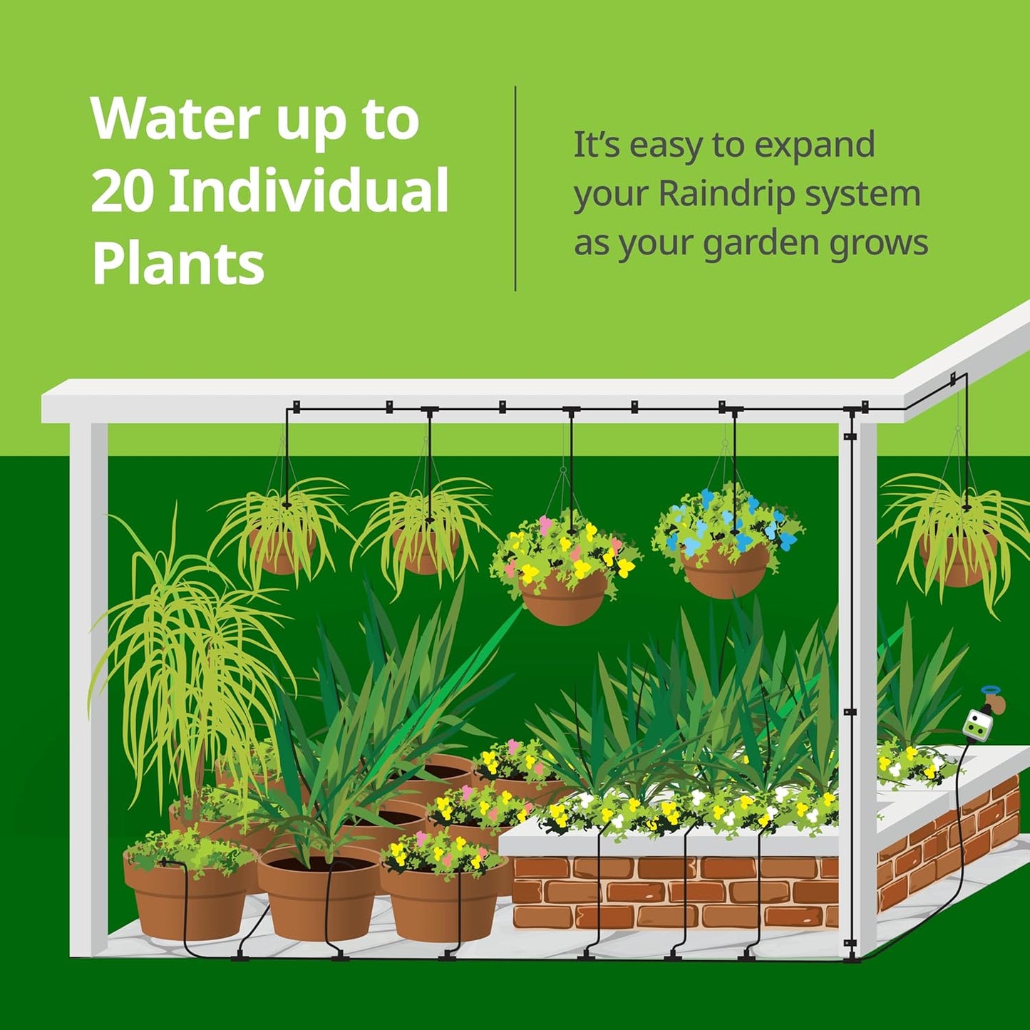 Raindrip R560DP Automatic Drip Irrigation Watering Kit with Customizable Timer for Containers and Hanging Baskets, Waters up to 20 Plants, Includes 20 PC Drippers, Black