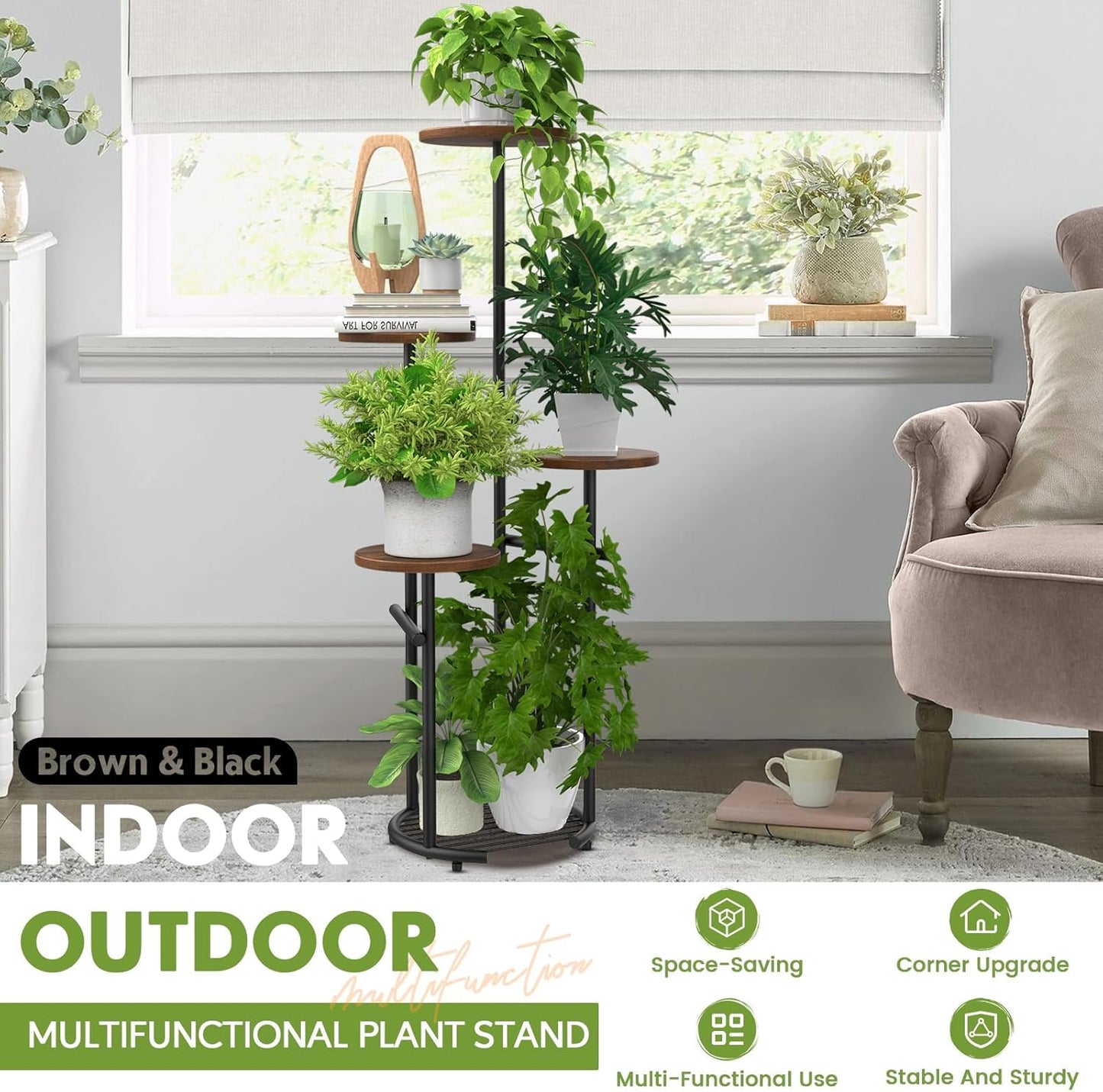 TOSKING 5 Tier Metal Plant Stand Indoor， Plant Shelf, Corner Shelf Flower Pot Stand for Outdoor Plant Stand for Living Room Balcony Garden Patio Bedroom (Black and Brown, 42in)