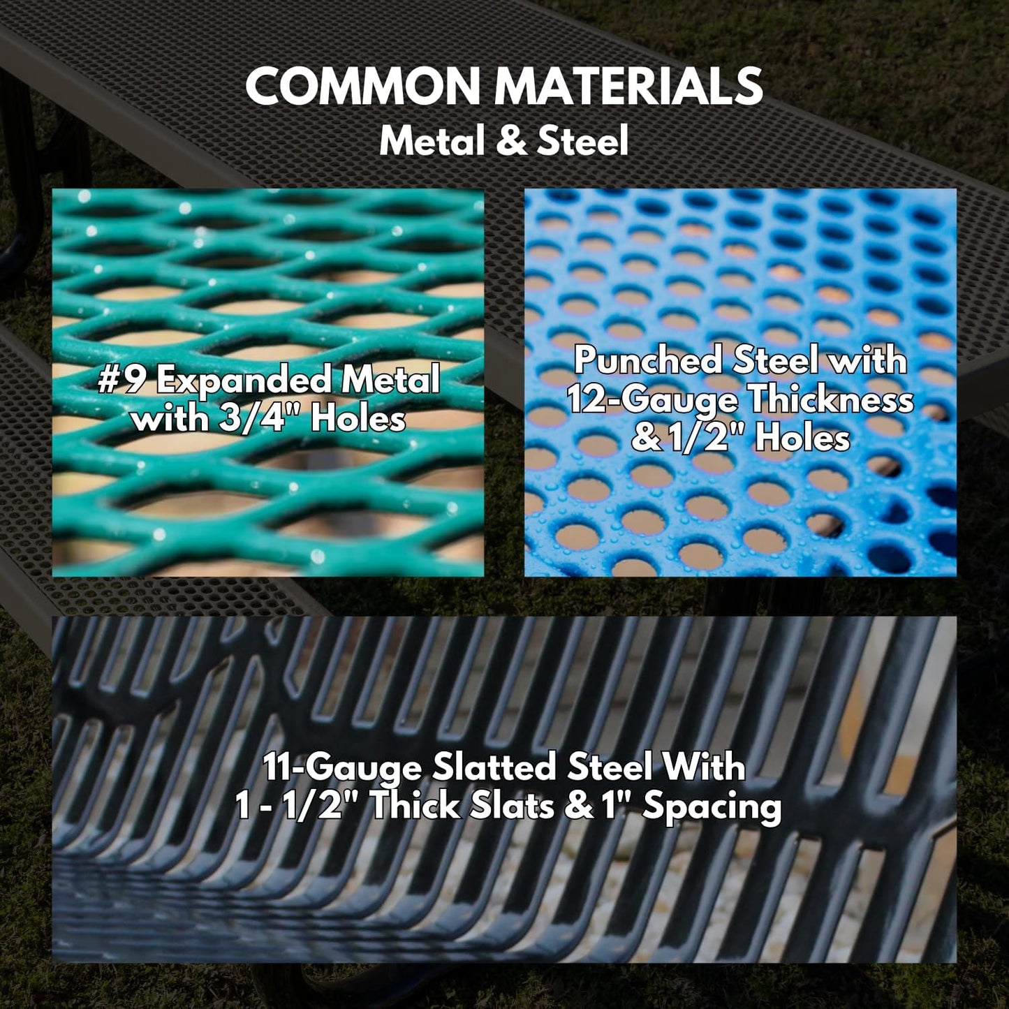 Heavy-Duty Outdoor Bench Thermoplastic Coated, Slatted Steel, Commercial-Grade Garden Bench, Made in America (Portable with Back, 4 Ft, Textured Dark Blue)