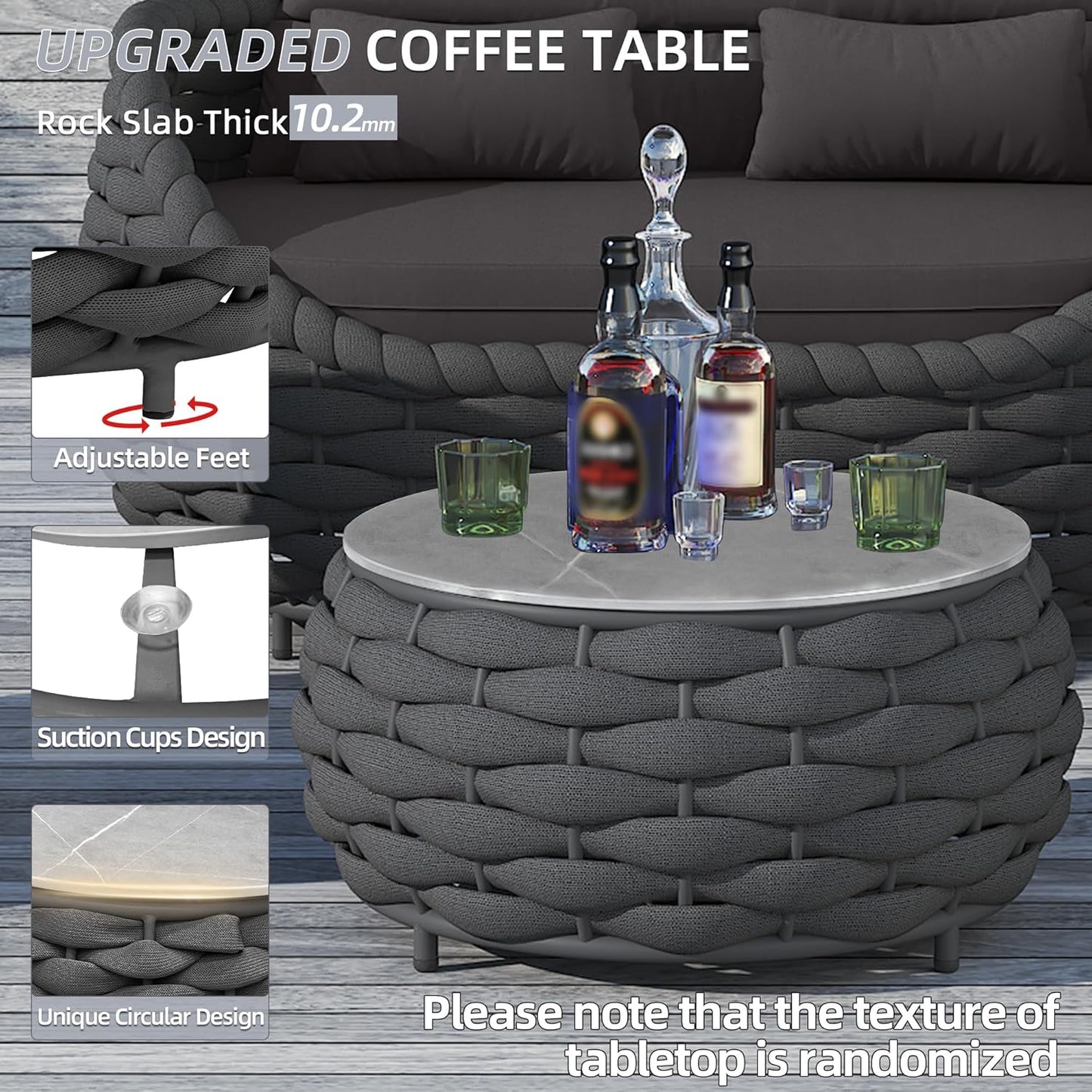 Outdoor Patio Furniture Set-5 Pieces Aluminum Sectional Sofa, Metal Patio Conversation Set with Threeseat & Armchair, Textile Rope and Coffee Table, Dark Grey