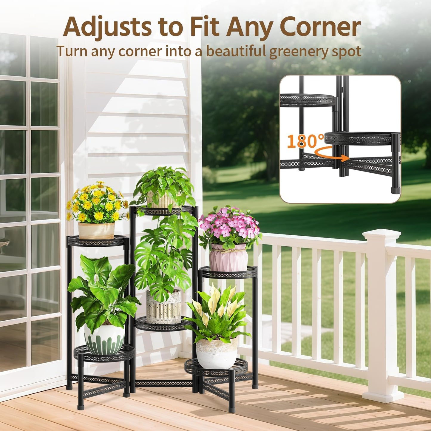 LASZOLA 6 Tiered Folding Tall Plant Stand for Indoor Outdoor Corner, Larger Heavy Duty Metal Adjustable Multiple Rack with 10 Inch Wide Hollow Tray, Flower Planter Holder for Modern House Patio, Black