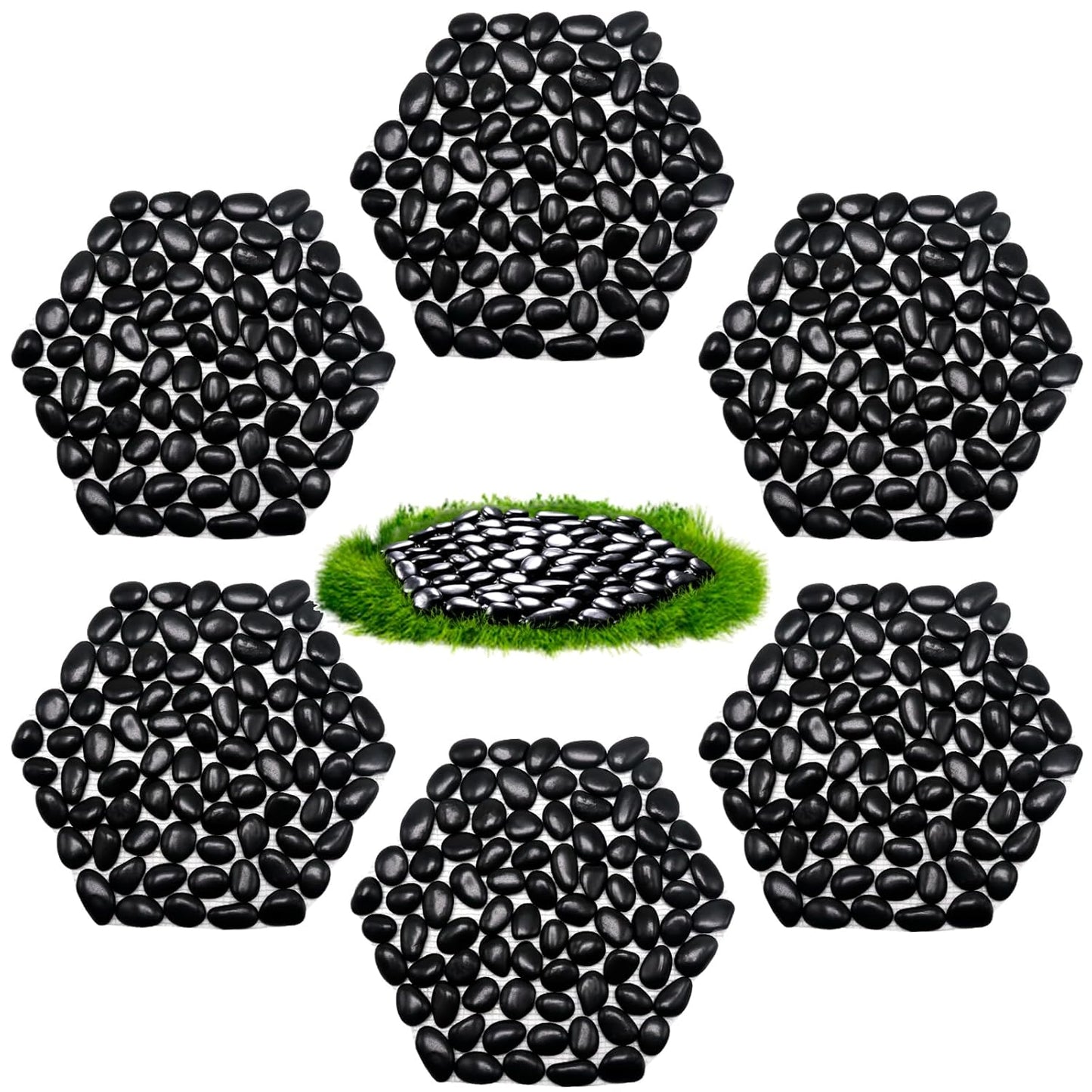 10in River Rock Stepping Stones Set - 6 Pack | Polished Pebble | Long-Lasting PVC Mesh Backing | Perfect for Garden Paths and Lawns Outdoor Landscaping Decoration | Black Rhombus