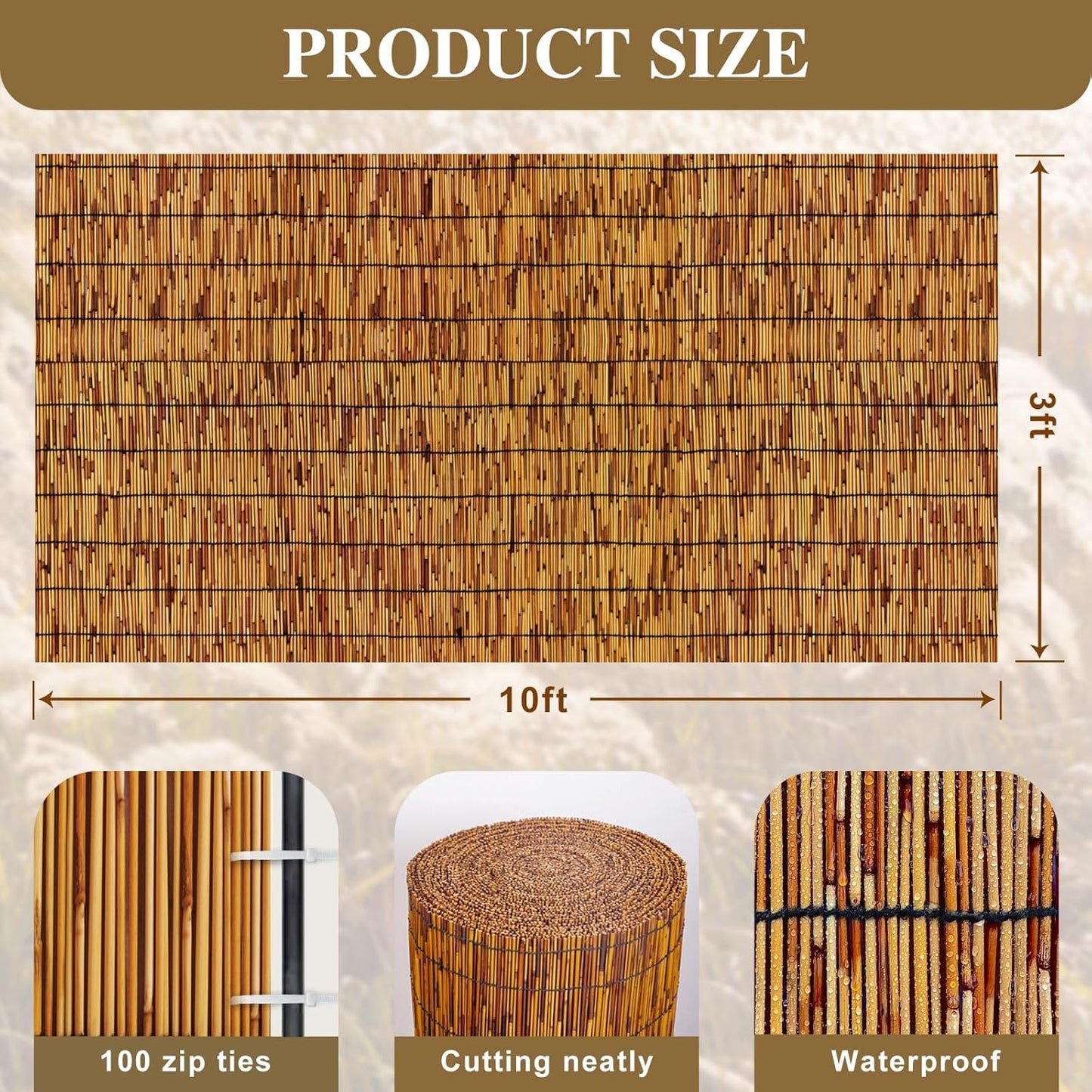 Natural Reed Fencing,Decorative Bamboo Fence Rolls Handwoven Friendly Sun Shade for Garden,Patio,Balcony Windows 3x10FT