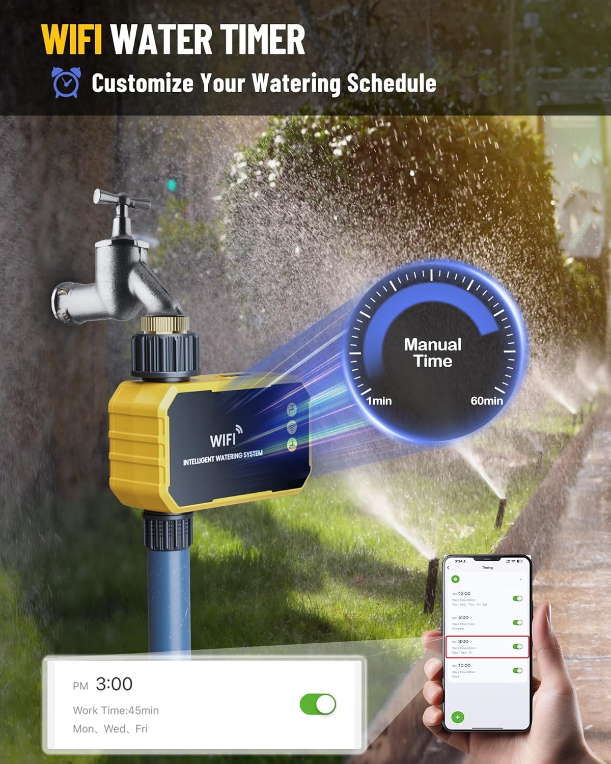 WiFi Water Timer with Brass Inlet No Need Gateway, Smart Hose Timer WiFi Sprinkler for Garden Hose, APP Remote Control Via 2.4Ghz WiFi Voice Control with Alexa and Google Assistant