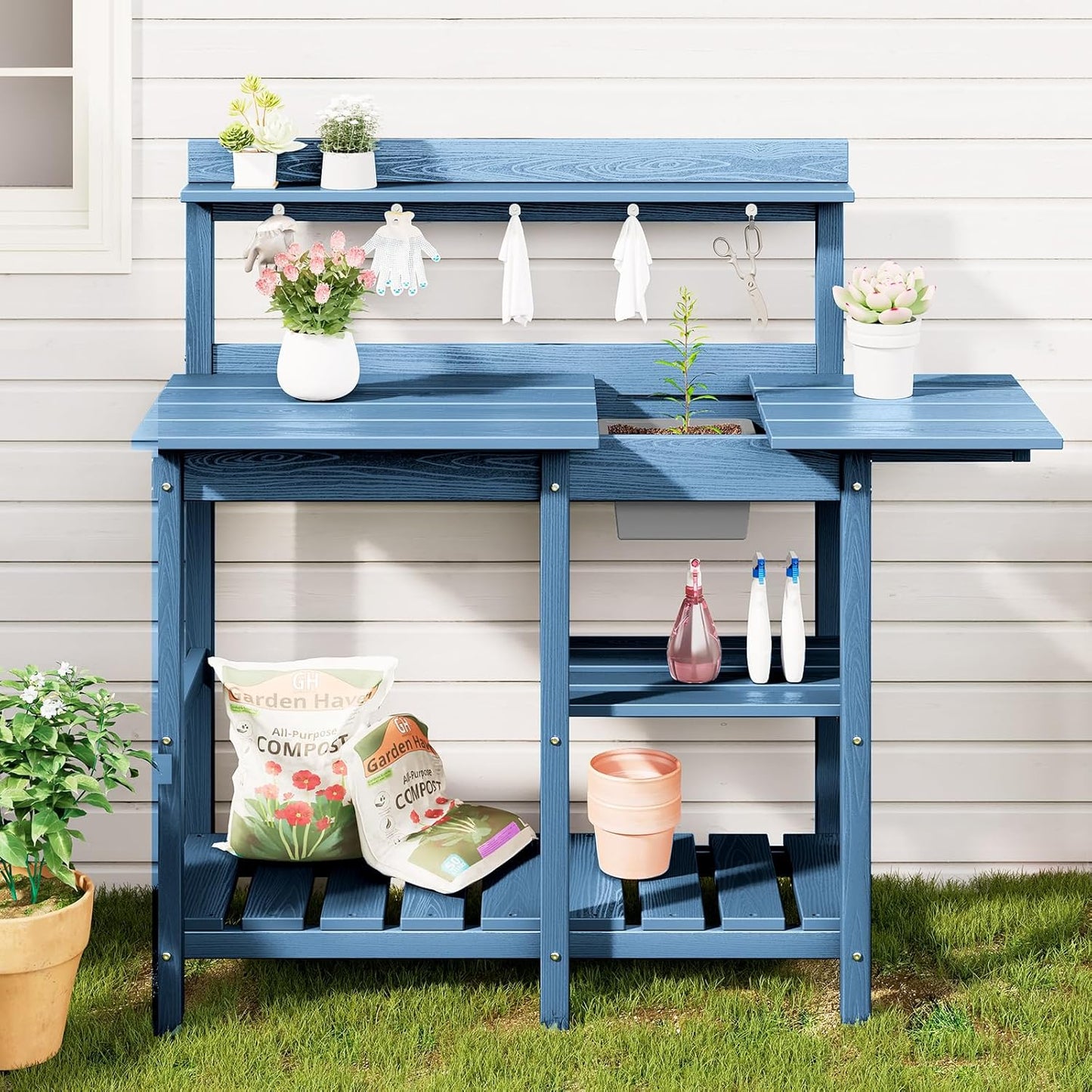SERWALL Potting Table Outdoor Potting Bench with Sink, HDPE Potting Benches for Outside All Weather Use- Blue