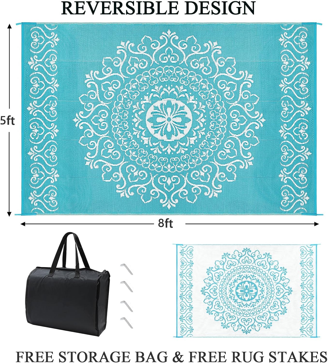 Pauwer Waterproof Outdoor Rug 5x8, Reversible Plastic Straw Patio Camping Rug, Indoor Outdoor RV Mat Carpet for Deck, Camper, Porch, Balcony, Backyard, Picnic, Floral Teal