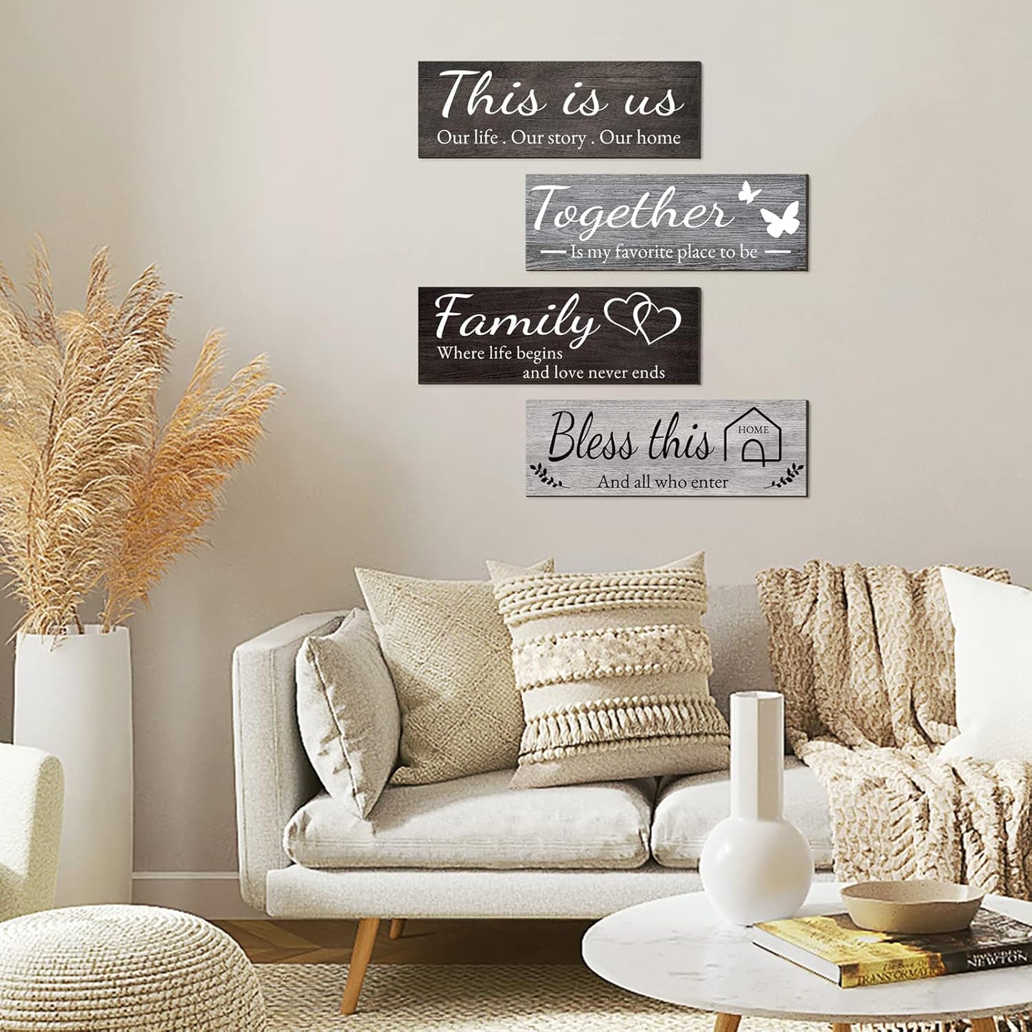 Joyhawk 4 Pieces Home Wall Decor Signs, THIS IS US/TOGETHER/BLESS THIS HOME/FAMILY Wall Decor For Living Room Bedroom, Rustic Wooden Farmhouse Wall Art Decor, 4.7 x 13.8 Inch(Mixed Color)