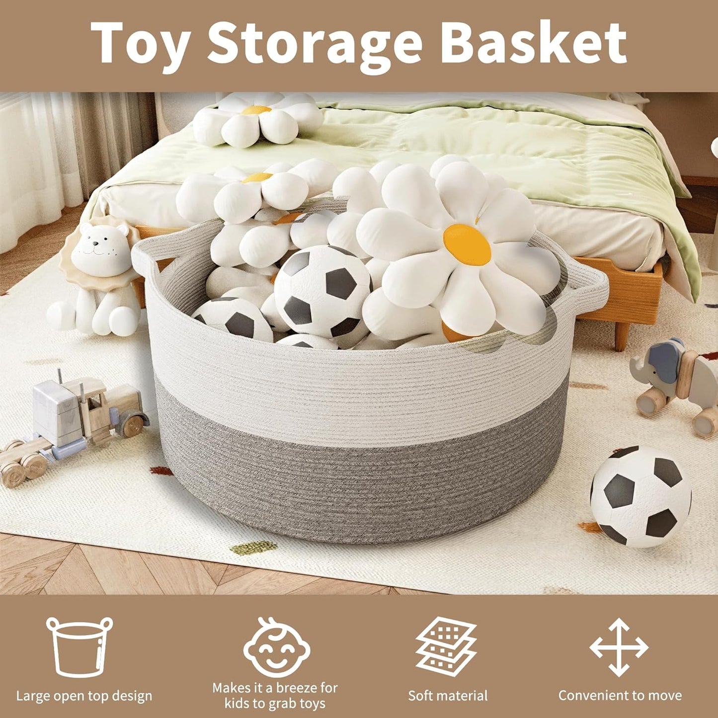 125L Extra Large Blanket Basket, 25" x 16", Jumbo Laundry Woven Baskets Decorative Home, Cotton Rope Basket with Handles, Baby Toy Baskets for Storage, White & Gray