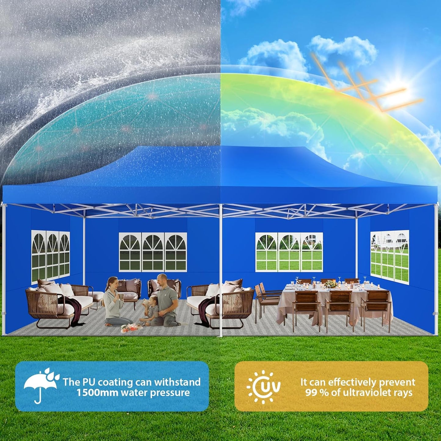 COBIZI 13x26 Pop up Canopy Heavy Duty with 6 Sidewalls, Easy Set-up Commercial Outdoor Party Canopy, 100% Waterproof Wedding Gazebo, 2 Height Adjustable with Wheeled Bag,Blue