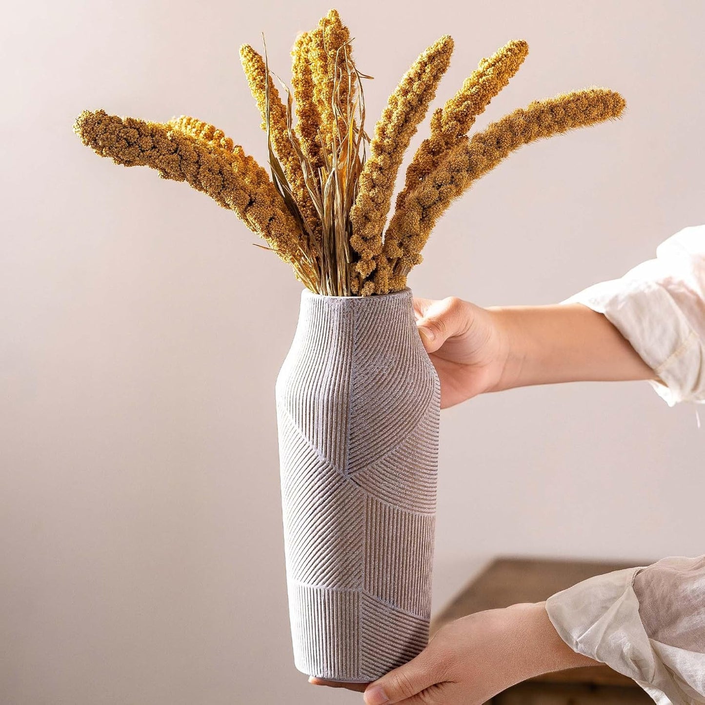 Vintage Ceramic Flower Vase, Terracotta Farmhouse Decorative Rustic Stone Clay Floral Vase, Concrete Grey Home Decor for Living Room, Entryway, Kitchen, Bedroom, Bathroom and Shelf 9.6 Inch