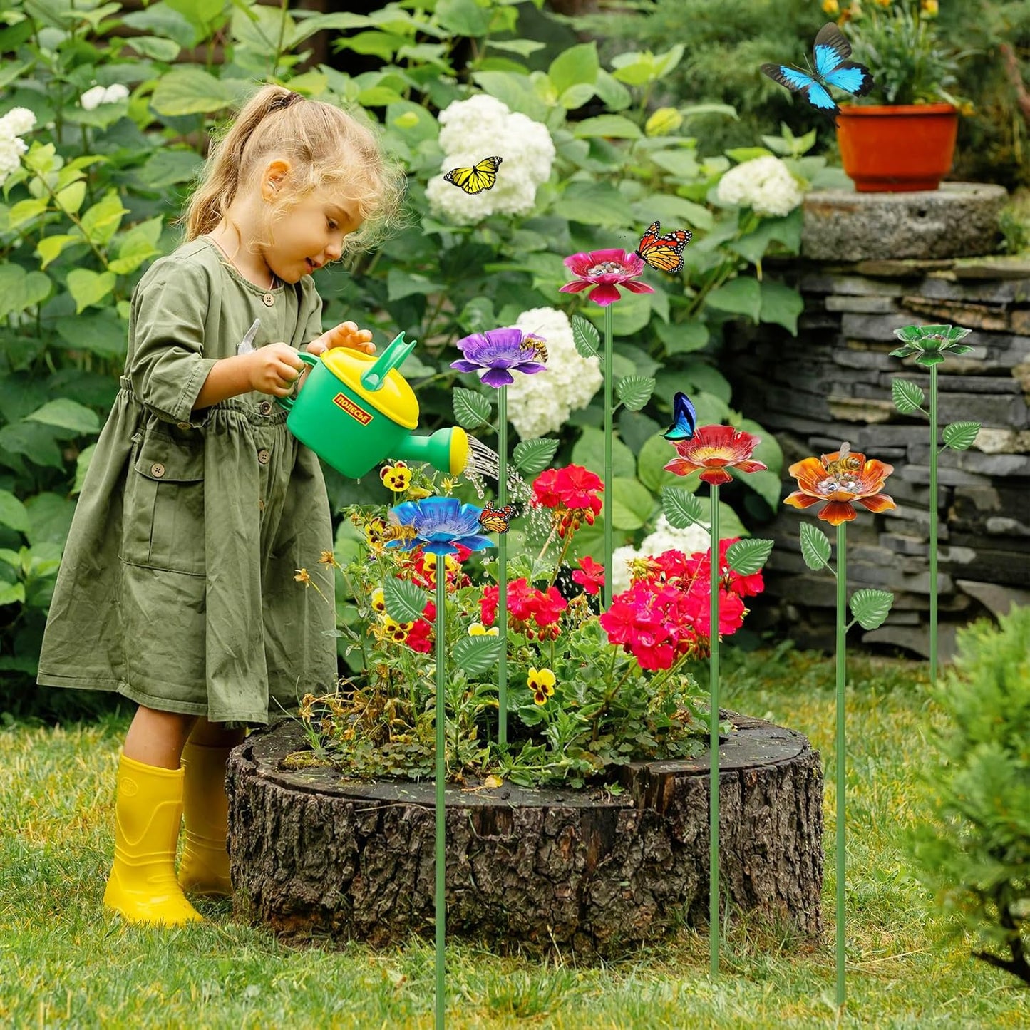 2 Pack Bee Watering Station - Flowers Butterfly Feeder, Bee Water Feeders for Outside, Metal Garden Decor, Bee Baths for Garden Yard Patio (Blue,Yellow)