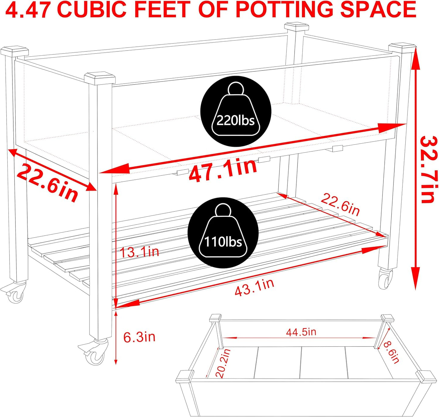 MUPATER 4x2FT Raised Garden Bed, Planter Box with Four Wheels and Legs for Herbs, Flowers and Vegetables, Elevated Garden Bed with Drainage Holes for Greenhouse, Garden, Farm, Brown