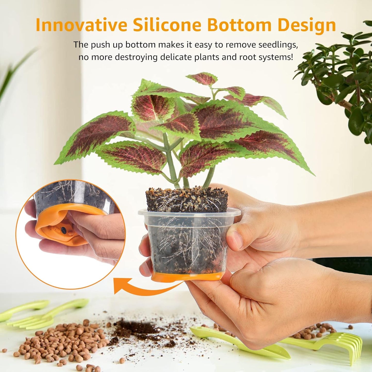 MIXC 30 Packs 4" Reinforced Clear Nursery Pots with Silicone Base for Easy Transplant, Transparent Plastic Plant Pot Reusable Seedling Pots Seed Starter Pots Flower Pot, Orange