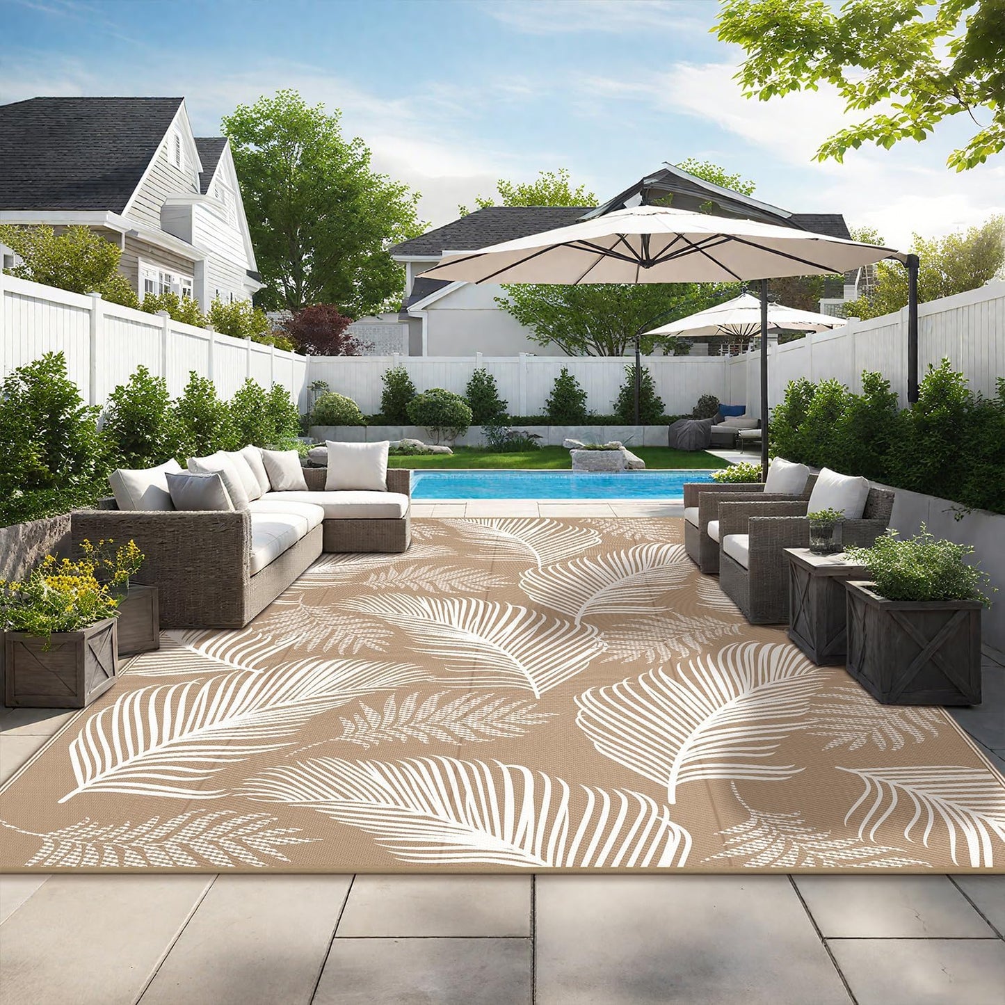 Pauwer Waterproof Outdoor Rug 9x12, Reversible Plastic Straw Patio Camping Rug, Indoor Outdoor RV Mat Carpet for Deck, Camper, Porch, Balcony, Backyard, Picnic, Leaf Brown