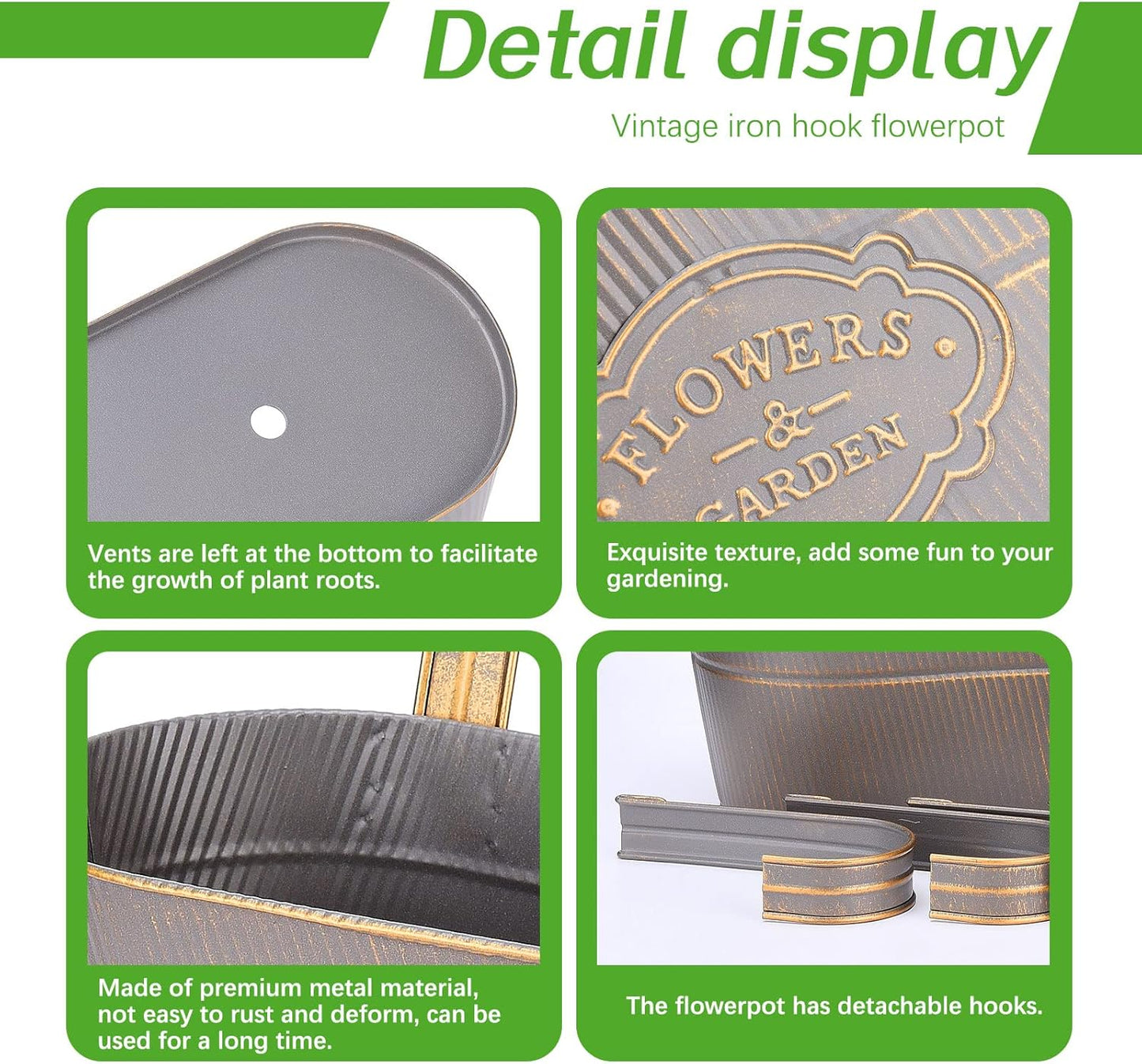 PerGar Vintage Metal Iron Wall Hanging Flower Pots, Rustic Planter Bucket Herb Flower Plant Holder with Detachable Hooks & Drainage Hole for Railing Fence Balcony Deck Garden Home Decoration, Set of 3