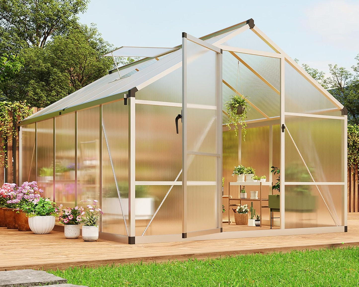 8×10 FT Greenhouse, Large Walk in Greenhouses for Outdoors and Garden Planting, Polycarbonate Greenhouse with Enhanced Aluminum Frame, Green Houses with Quick Setup Structure and Roof Vent, Silver