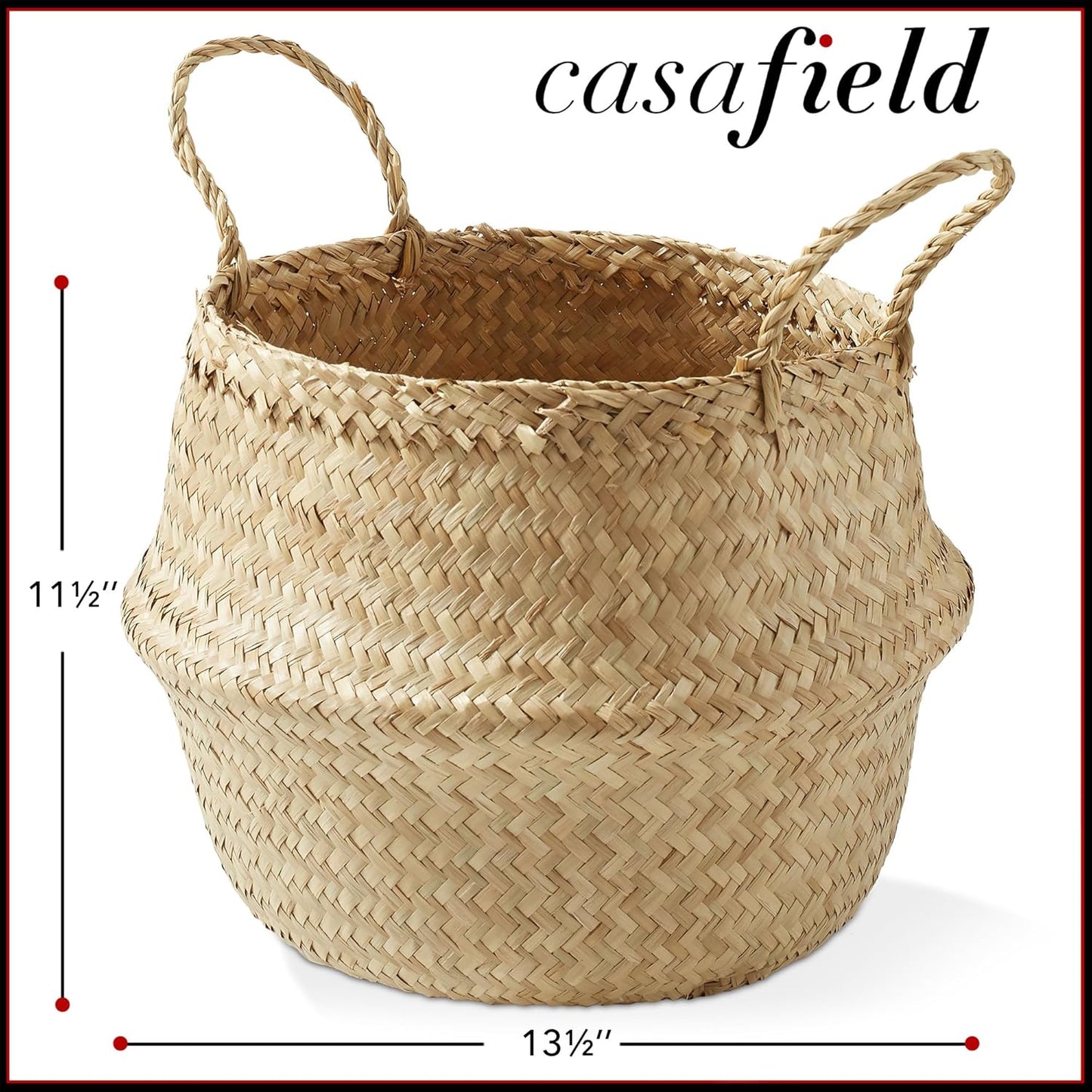Casafield Seagrass Belly Storage Basket Planter with Handles - Large, Natural Woven Wicker Indoor Plant Pot Cover for Plants and Trees