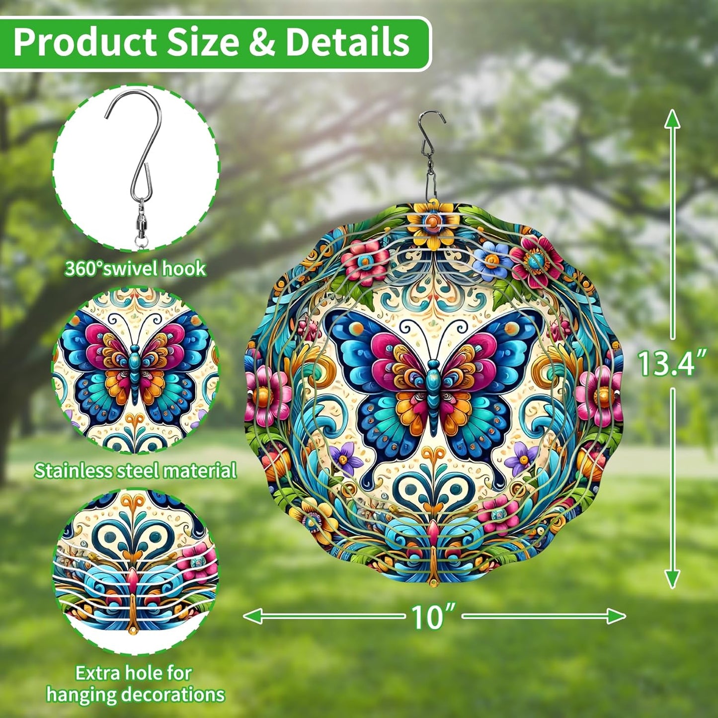 3D Hanging Wind Spinner Butterfly/Hummingbird, 10 Inch Stainless Steel Wind Spinners Outdoor Clearance, Garden Spinner for Outside Patio Yard Home Christmas Decor (Butterfly 01)