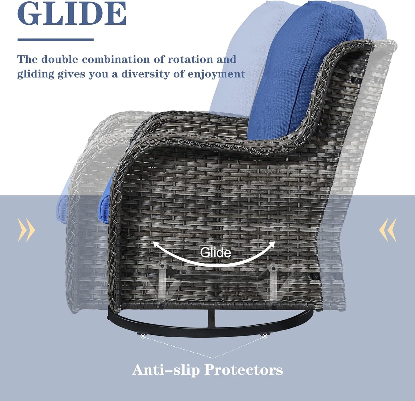 Outdoor Patio Furniture Set with Propane Fire Pit Table, 7 Pieces Wicker Patio Conversation Set with 2 Swivel Glider Rocker Chairs Rattan Sofa Blue Cushion Perfect for Casual Gathering Gray