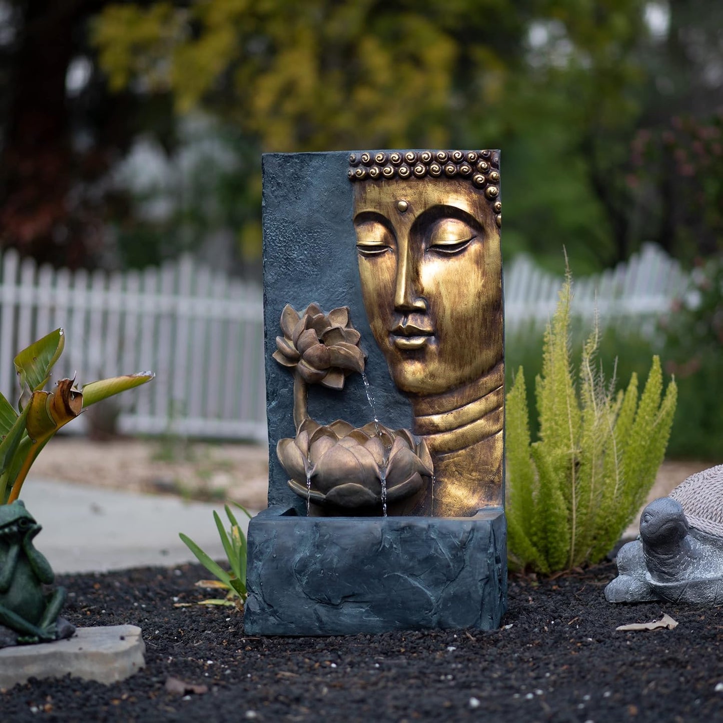 XBrand 30" H Zen Buddha Face Water Fountain w/LED Light & Pump, Indoor/Outdoor Freestanding, Relaxing Zen Décor, Bronze and Natural Grey Polyresin Fountain for Home Patio Garden Backyard