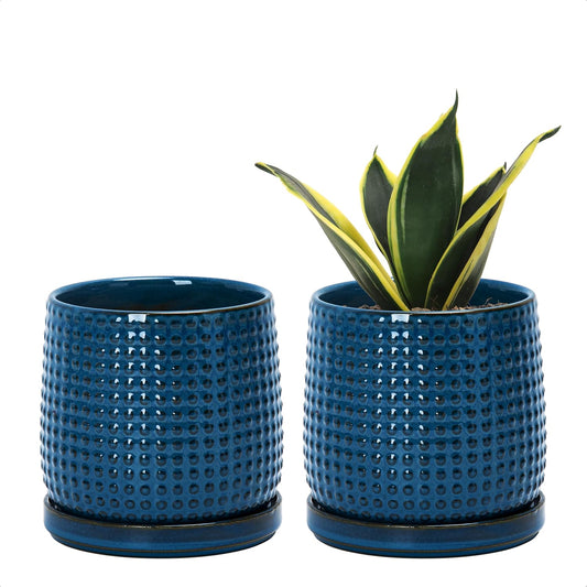 D'vine Dev Set of 2 Ceramic Plants Pots, 4 Inch Beaded Stoneware Flower Pot for Plants with Drainage Hole and Saucer, Midnight Blue, 27-E-Z-3