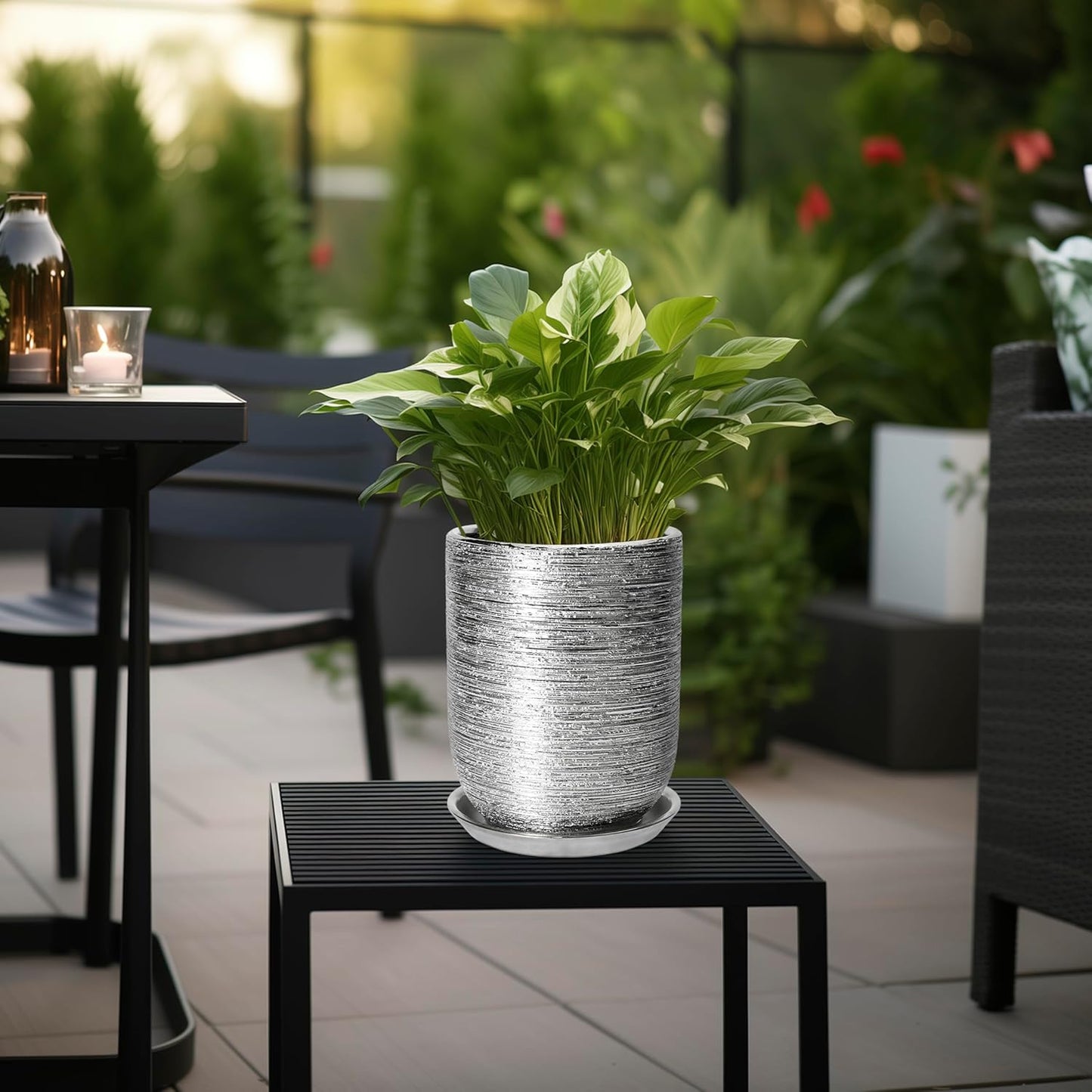 Ceramic Flower Pot for Plants - 8 Inch Plant Pot Indoor with Drainage Hole and Saucer, Cylinder Modern Outdoor Round Planter, Gardening Gifts for Women Men, Garden Office Decor, Silver