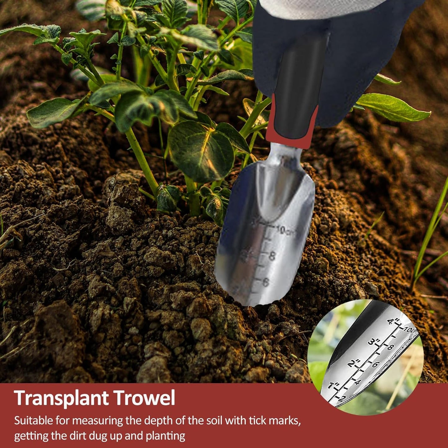 Garden Tool Set, 3 Piece Gardening Tools Includes Garden Trowel, Transplant Trowel and Hand Rake with Non-Slip Ergonomic Handle, Heavy Duty Garden Kit for Planting, Garden Gifts Red