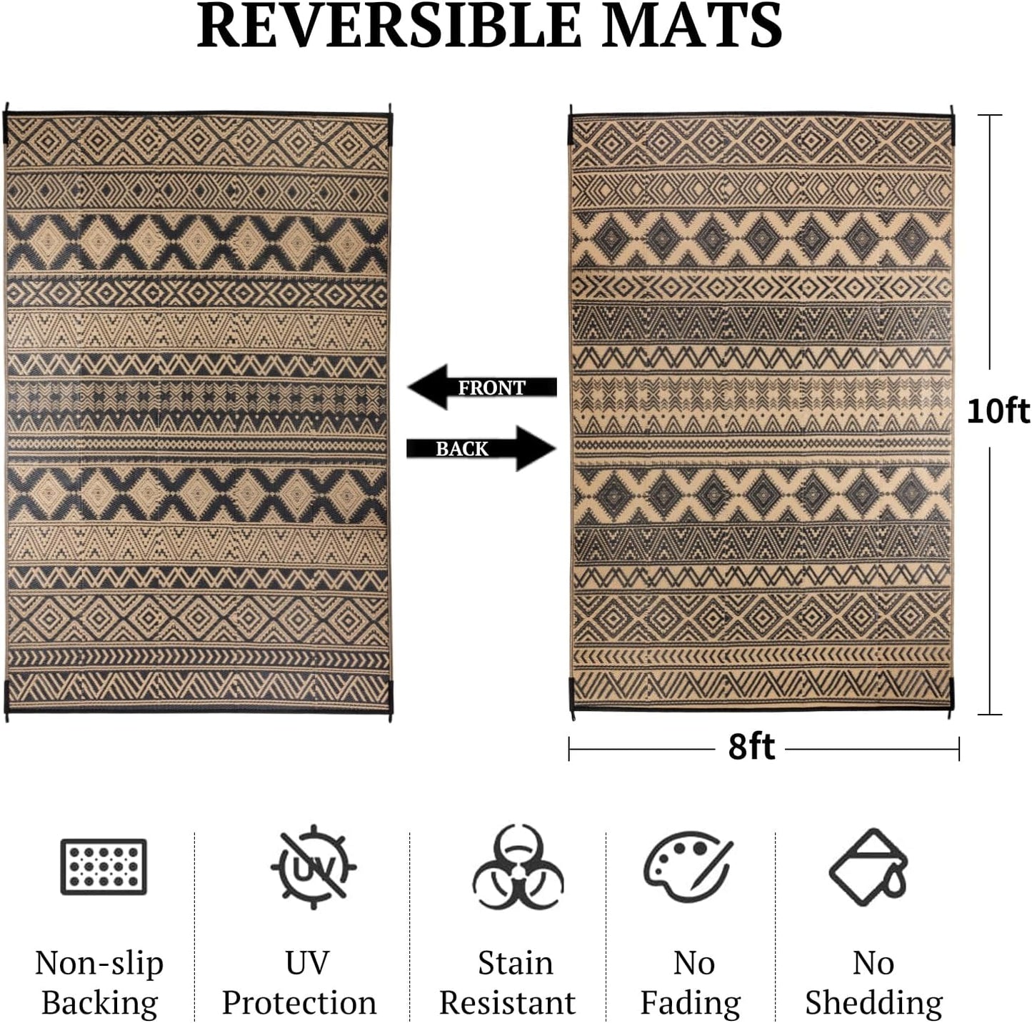 8'x10' Reversible Outdoor Rug - Eco-Friendly Plastic Straw Rug-Heavy-Duty Waterproof Mat, UV & Fade Resistant for Patio, Camping, RV, Deck, Balcony(8x10,Black&Brown)