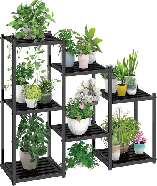 Simple Trending Plant Stand Indoor Outdoor, Heavy Duty Metal Waterproof 7 Tiered Plant Shelf for Multiple Flower Planter Holder Tall Large Rack, Black